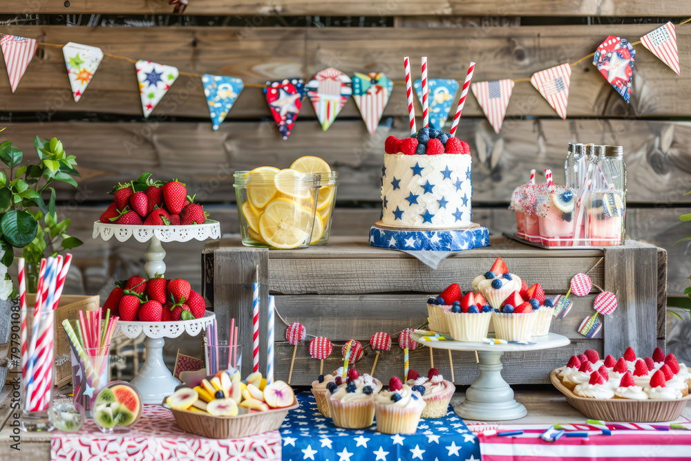 A festive red, white and blue themed party table setting with American flag decorations. Decorating a holiday food table. Independence or Memorial Day concept. American patriotic theme. 4th Of July.