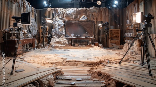 A photo of a rustic film set with cameras and lights.