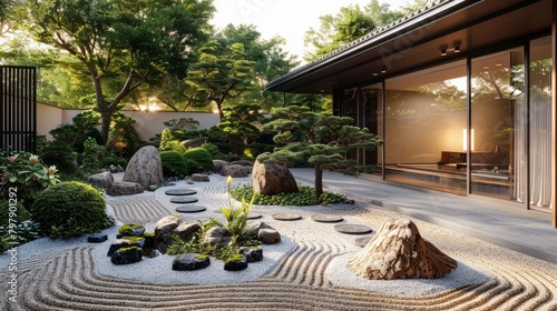 A photo of a Zen garden with a raked sand and stone pattern, stone lantern, and manicured trees and bushes.