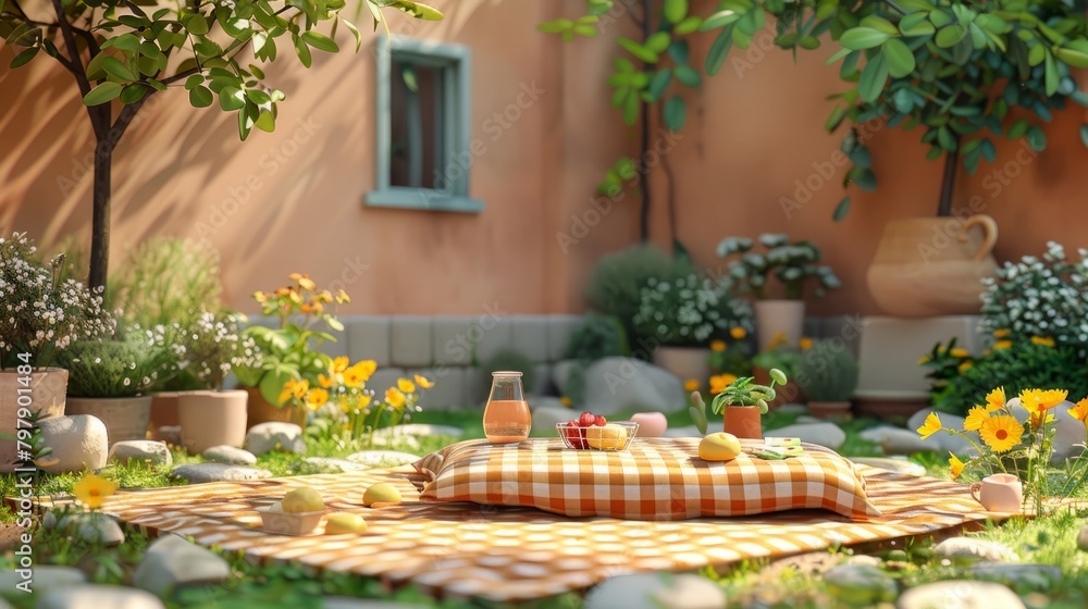 A picnic in a beautiful garden with a stone wall in the background. There are flowers, trees, and a blue window.
