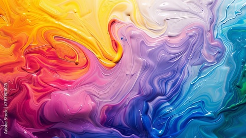 Liquid paints dance and swirl in a mesmerizing symphony of colors, blending seamlessly in a tranquil flow.