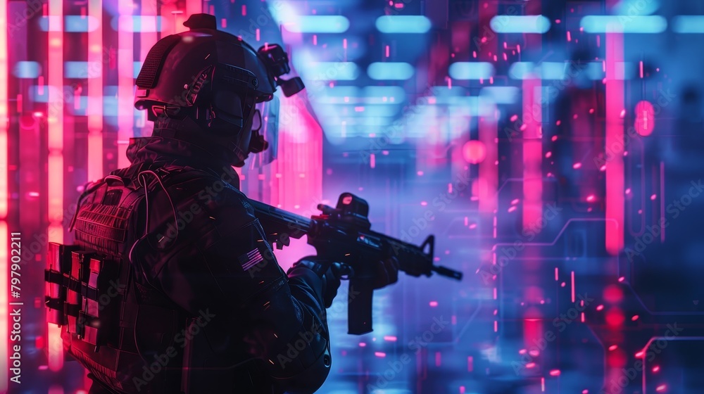 A soldier in a helmet and body armor stands in a futuristic city.