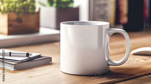 photo of realistic blank white mug on professional work desk product photography 