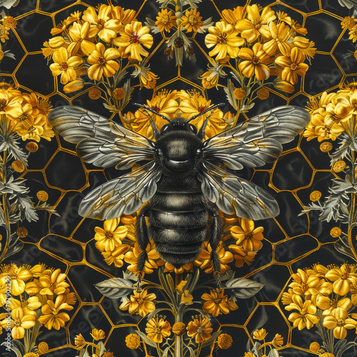 A bee on a honeycomb surrounded by yellow flowers.