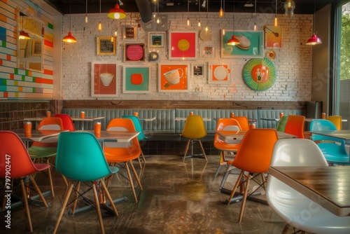 Luxurious interior colorful of restaurant cafe with empty chairs and tables