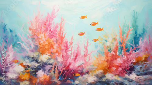 Vibrant Underwater Coral Reef  Impressionist Ocean Life  Aquatic Ecosystem Art