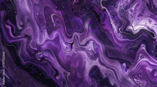 Abstract purple and black liquid marble background, purple and white paint swirls with a dark textured style. The swirls are in the style of an abstract artist