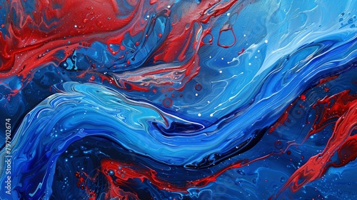 Abstract red and blue acrylic painting of an electric eel swimming in the ocean, close up, fluid lines in the style of an electric eel swimming in the ocean, close up, with fluid lines photo