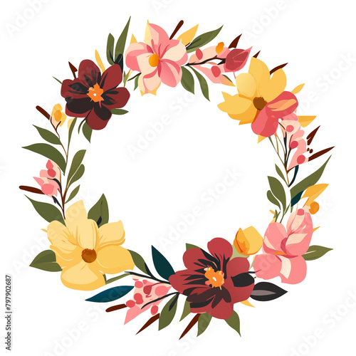 Floral Wreath Design with Leaves and Flowers