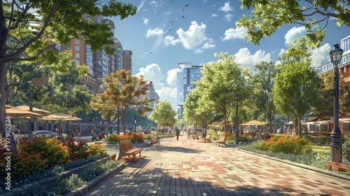 A wide pedestrian street with a brick sidewalk  lined with trees and benches  and a few people walking in the distance.