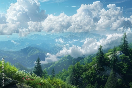 landscape with sky, clouds, mountains, and trees
