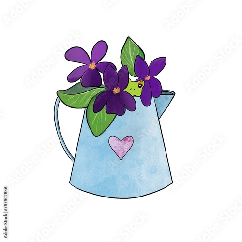 Spring composition of violet flowers, frog and bucket. illustration