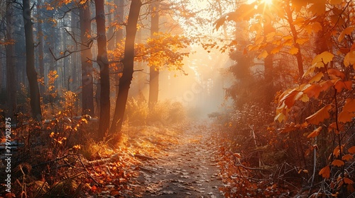 This is a picture of a path in the woods. The trees are tall and bare, and the leaves on the ground are a mix of greens, yellows, and browns. There is a single ray of sunlight shining through the tree