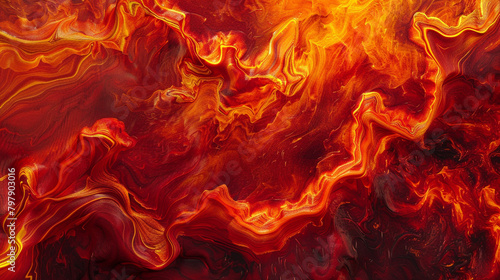 A high-resolution image of a fiery red marble texture with swirls of orange and yellow, capturing the dynamic beauty of molten lava.