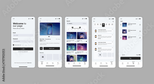 Smartphone UI app. Phone screens for shop application. Mobile interface with account login and shopping cart. Screenshots responsive website mockups.