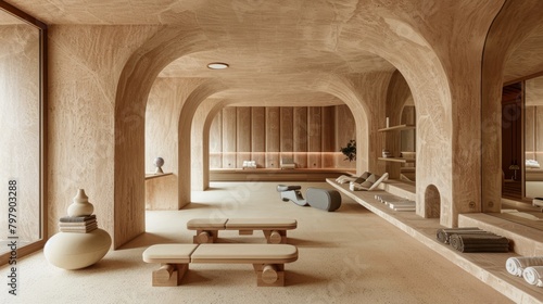 A yoga studio with curved wooden walls and benches
