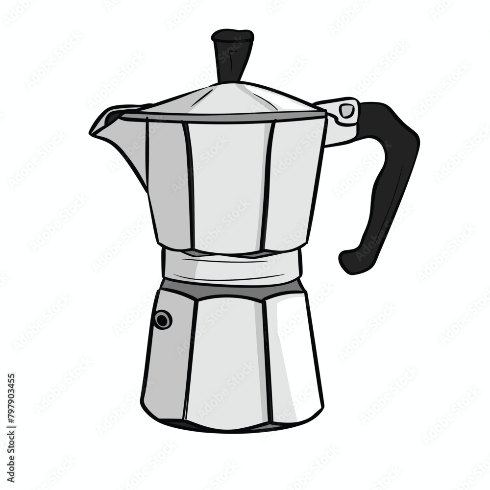 Illustration of a classic stovetop espresso maker with a black handle. Illustration of a classic stovetop espresso maker with a black handle.