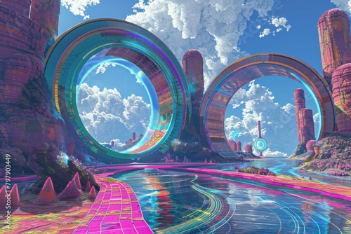 Colorful futuristic cityscape, energy circles technology