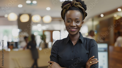 Pleased African female accountant standing with hands on waist and grinning broadly while looking at the camera in a bank during a transaction.  photo