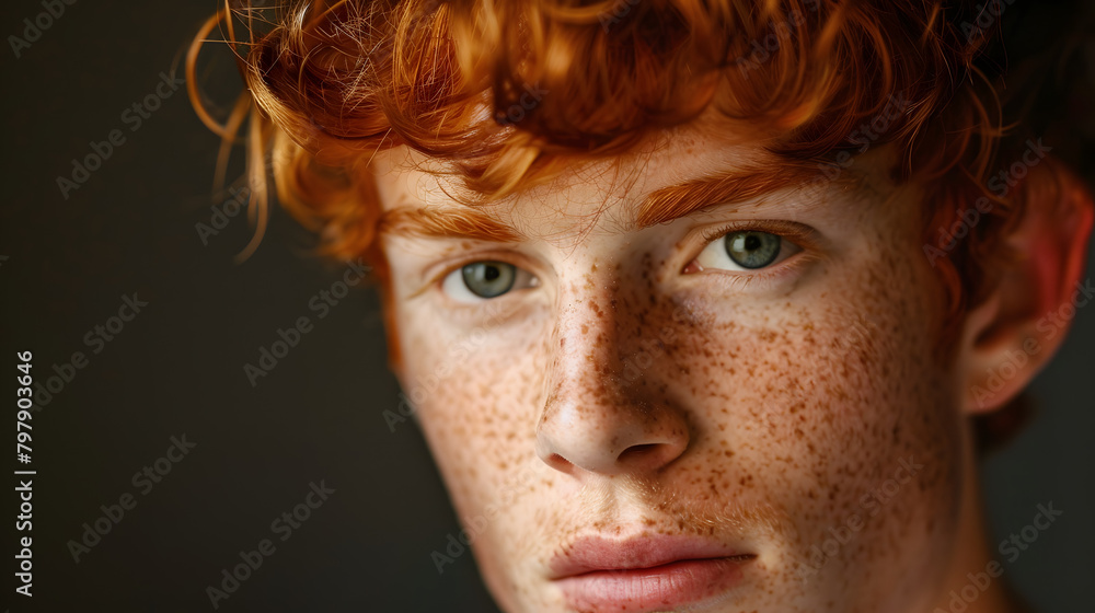 Portrait of young man with red hair and freckles. facing the camera directly. 