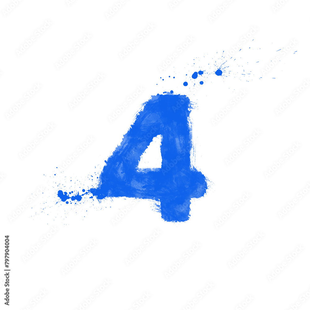 set of blue grunge numbers, paint splashes, digital painting, four