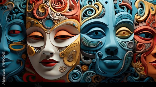 abstract masks or faces, with enigmatic expressions