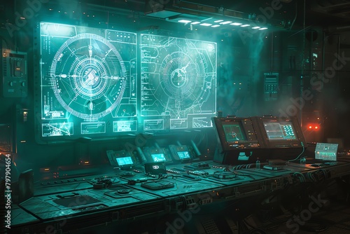 Unveil the unseen with a long shot of a derelict spaceships control room, futuristic holographic displays illuminating intricate alien symbols amidst a dim, pulsating aura