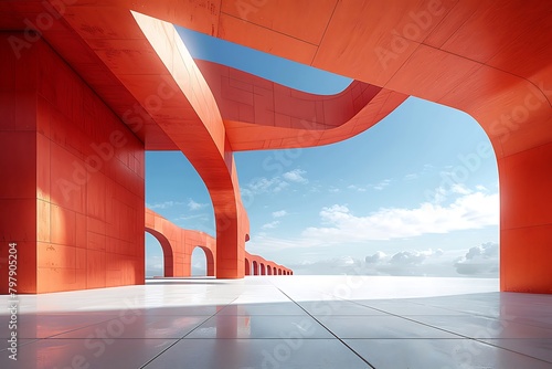 Red abstract buildings and open spaces, 3D rendering of buildings and ground and sky materials synthesis