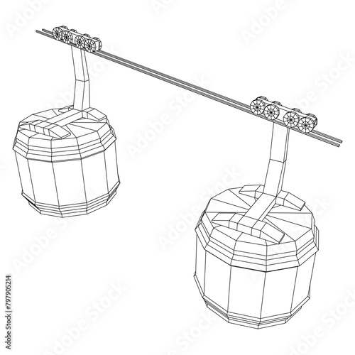 Cable car cabin gondola. Funicular simple cableway concept. Wireframe low poly mesh vector illustration
