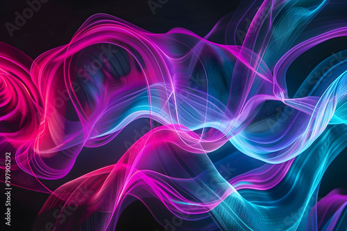 Luminous neon pink and cyan waves. Mesmerizing abstract art on black background.