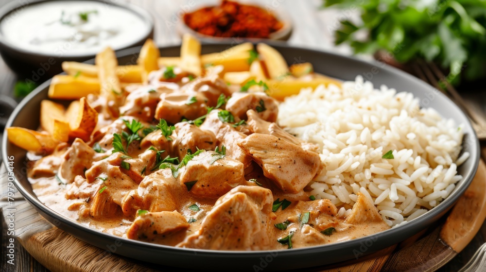 Chicken strogonoff with rice and french fries (potato sticks) on dish. Chicken stroganoff, is a dish originating from Russian cuisine. Chicken strogonoff with rice and french fries (potato sticks) on dish. Chicken stroganoff, is a dish originating from Russian cuisine.