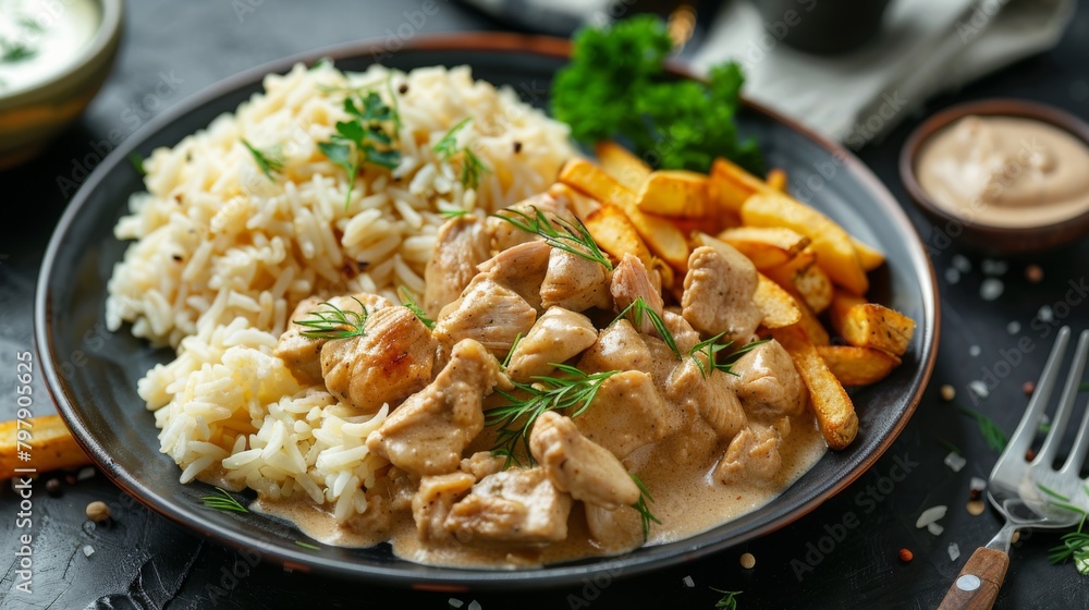 Chicken strogonoff with rice and french fries (potato sticks) on dish. Chicken stroganoff, is a dish originating from Russian cuisine. Chicken strogonoff with rice and french fries (potato sticks) on dish. Chicken stroganoff, is a dish originating from Russian cuisine.