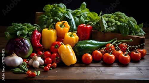  A variety of fresh  organic vegetables are arranged on a wooden