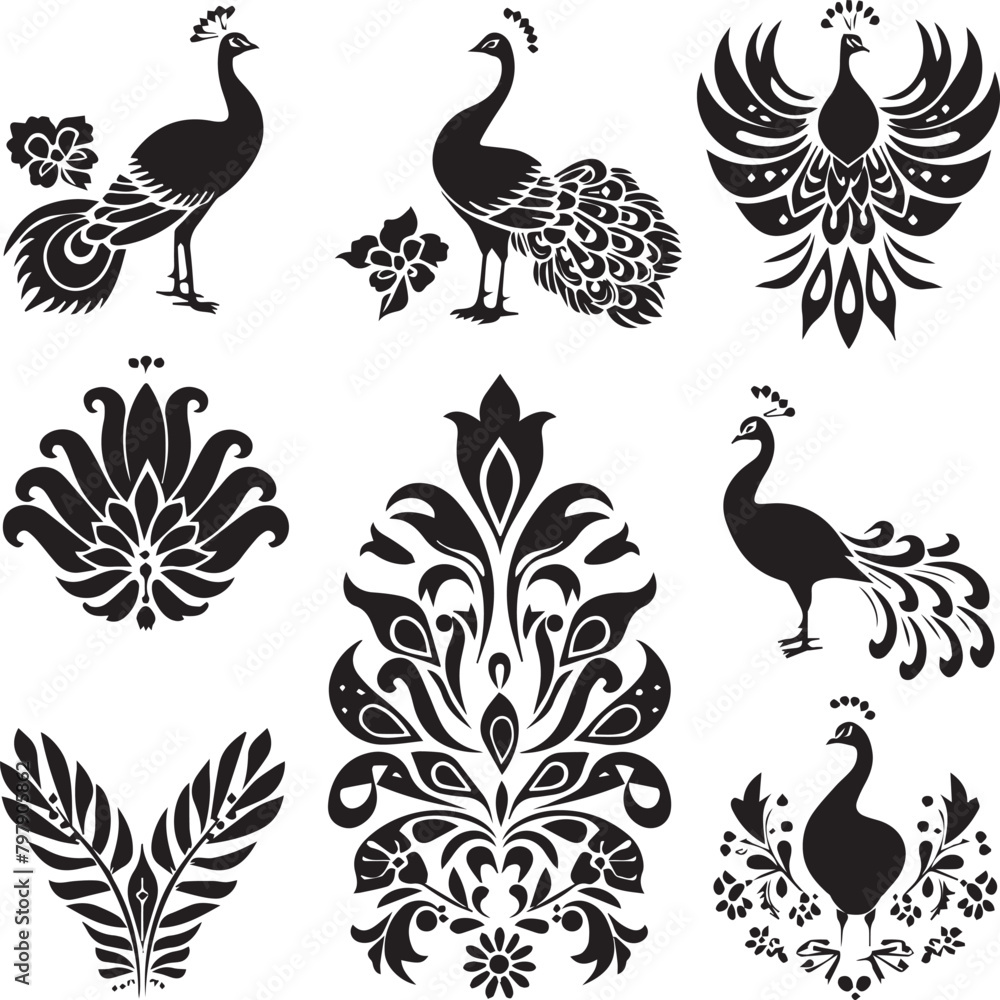 Fototapeta premium set of peacocks silhouette
