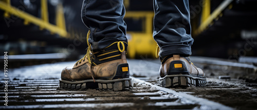 Close-up of a worker's boots walking on a safety demarcation line within a heavy machinery zone, photo