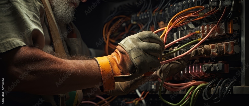 Close-up of a construction worker’s hands working with wiring, focus on skill and precision,
