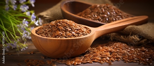 Organic flax seeds in a wooden scoop, rustic table, focus on natural health benefits, photo