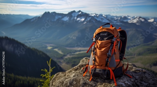 A climber's backpack with carabiners, ropes, and harness, set against a mountain backdrop,