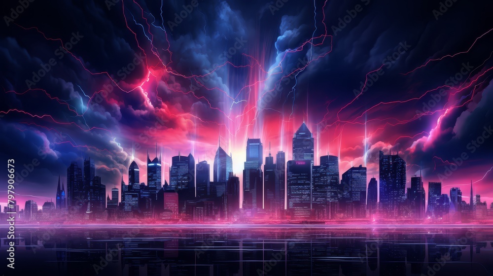 Neon shockwave effect against a dark urban skyline, ideal for contemporary city-themed projects or dramatic music album covers,