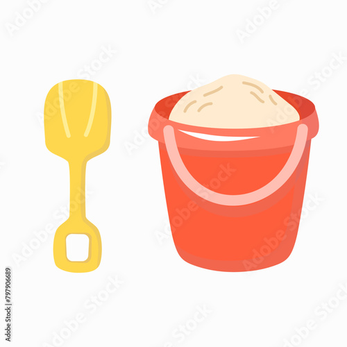 Red sand bucket and yellow kid shovel in flat style. Summer beach design elements. 