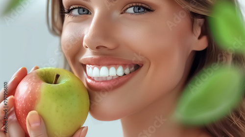 Close-Up of Smiling Woman Holding Green Apple 