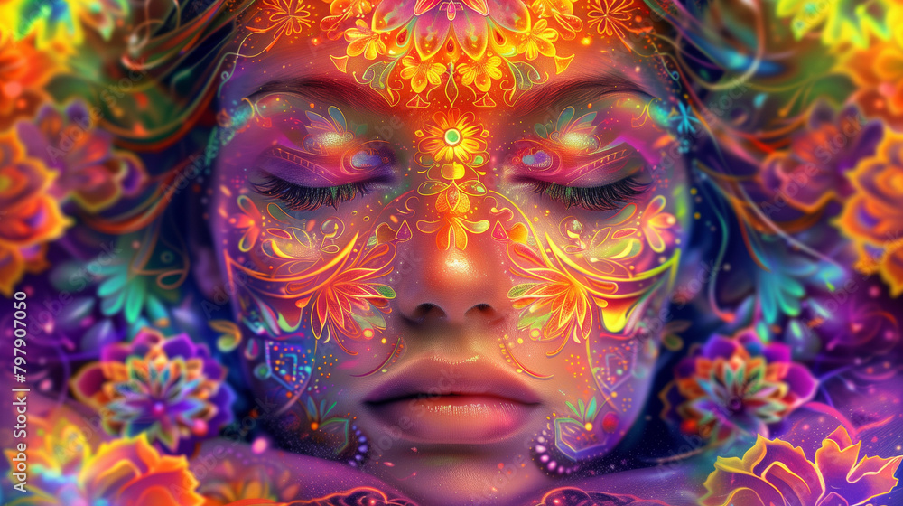 Psychedelic Portrait with Floral Patterns
