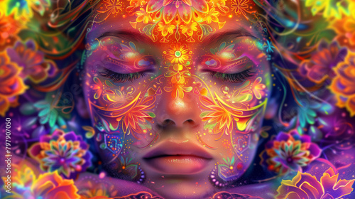Psychedelic Portrait with Floral Patterns 