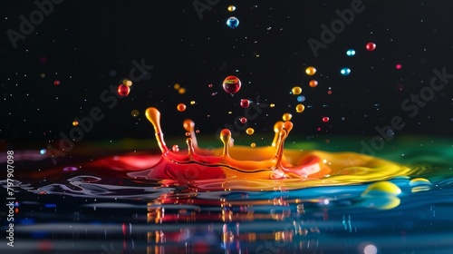 Symphony of color droplets suspended in a mesmerizing dance of reflections and hues
