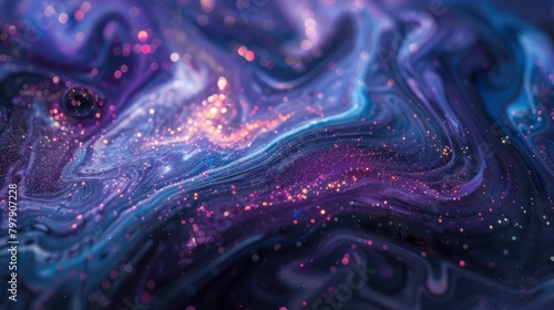 A closeup of the surface texture, a dark blue purple liquid with colorful specks of light shining through it, resembling an oil painting with swirling patterns and intricate details.