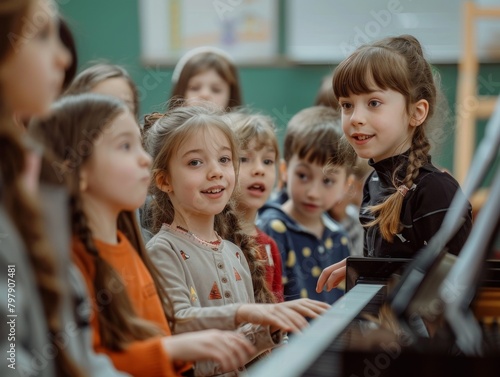 Group Of School Children Singing In Choir Together with piano