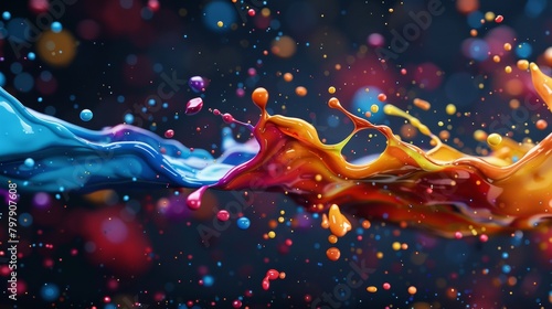 Colorful paint droplets suspended in air with a cosmic backdrop