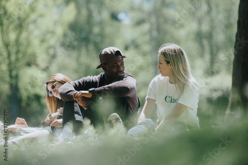 Group of young adults lounging and talking in a sunlit park, reflecting carefree attitudes and joy, wearing casual outfits. photo