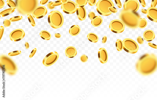 Realistic gold coins png. Explosion of gold coins png. Gold coins fall from the sky. Victory, easy money.