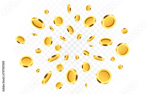 Realistic gold coins png. Explosion of gold coins png. Gold coins fall from the sky. Victory, easy money.